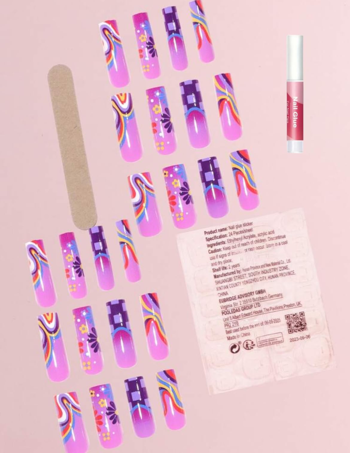 Press On Nails Set, 24 Pieces Coffin Shape, Long Length, Glossy Finish with Adhesive Tape