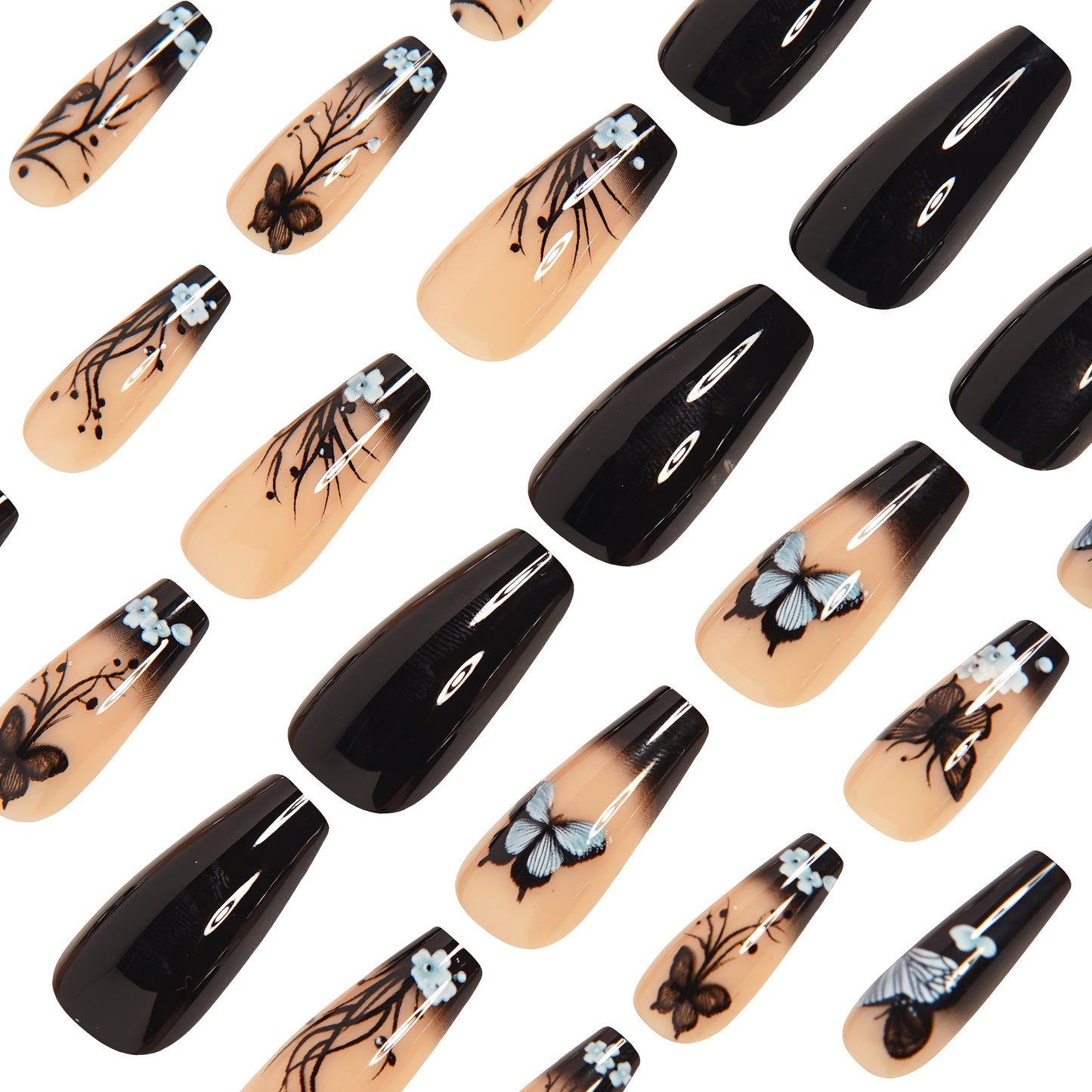 24pcs Medium Ballet Nails Classic Retro Black Gradient Trees Flowers Butterflies Glossy French False Nails Fashionable Wear Removable Press-on N