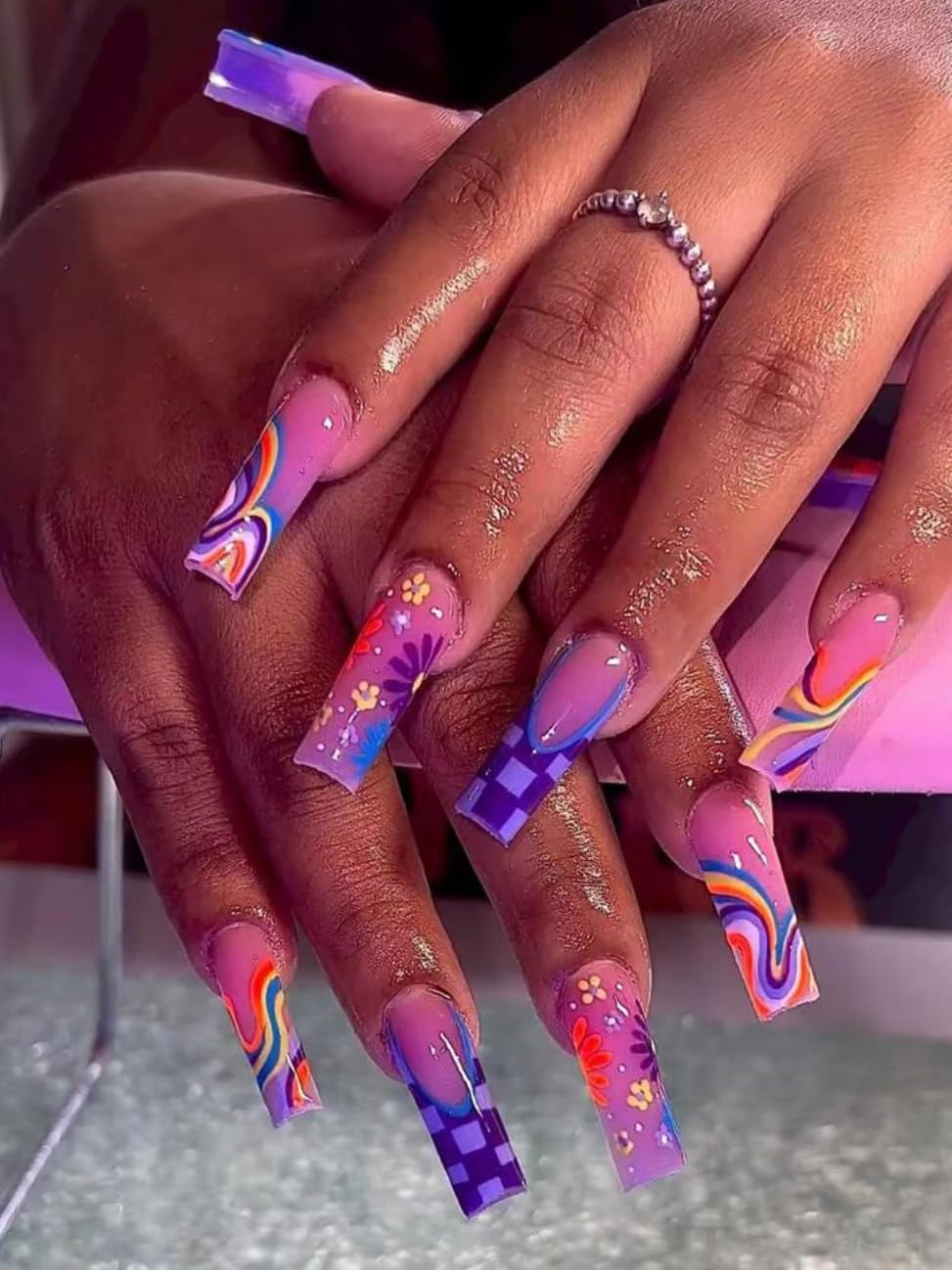 Press On Nails Set, 24 Pieces Coffin Shape, Long Length, Glossy Finish with Adhesive Tape