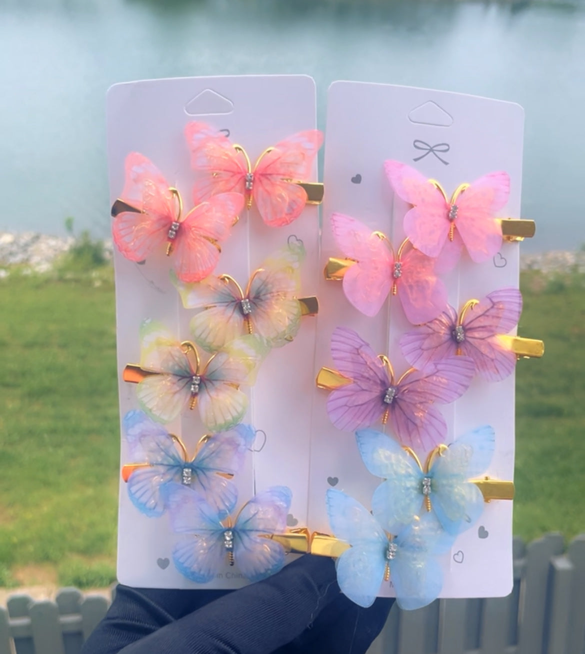 3D Butterfly Hair Clips with Rhinestone Detail, Double Layer Design, 12 Pieces, Pink Blue Purple