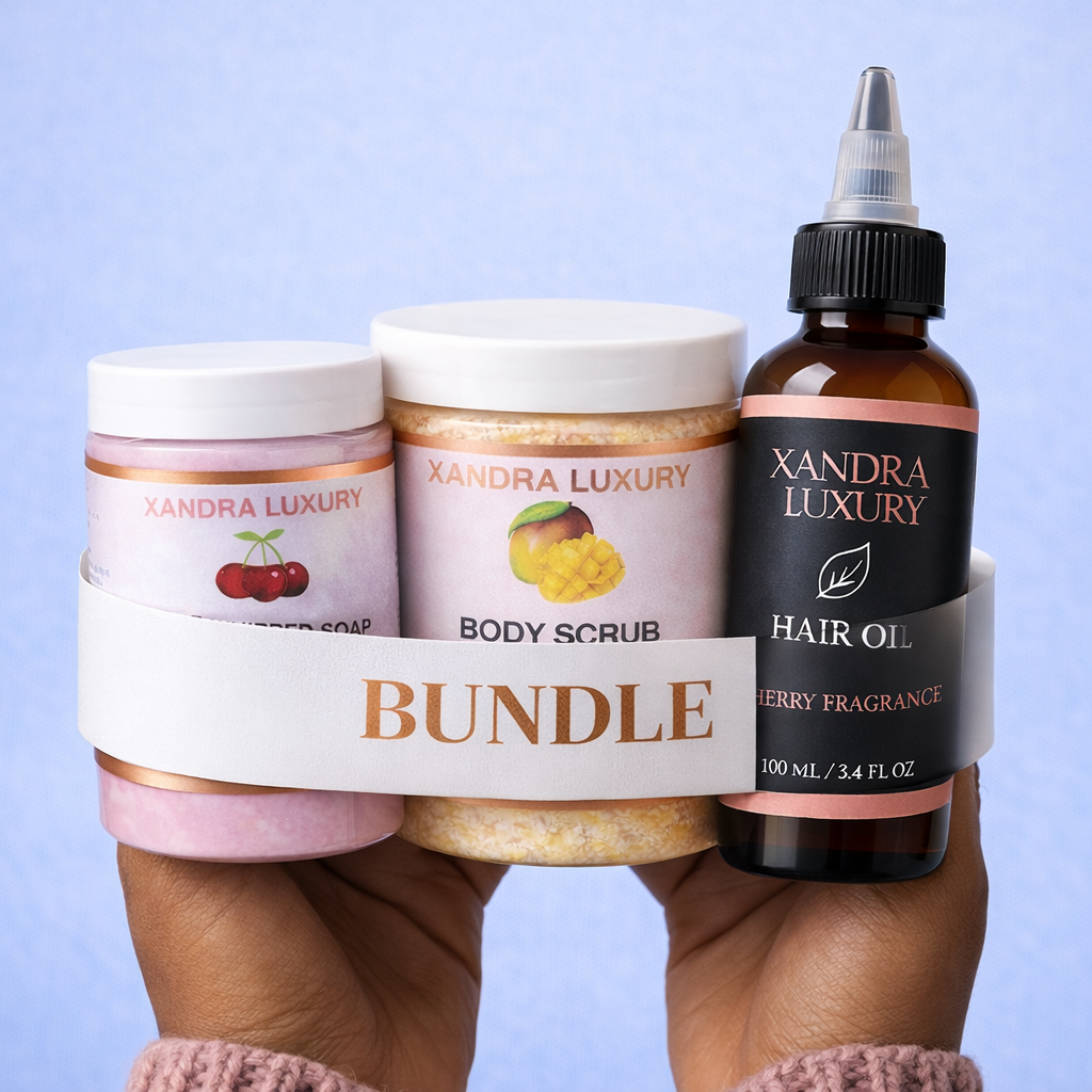 Xandra Luxury Body Care Bundle – Whipped Soap, Sugar Scrub & Hair + Body Oil for Glowing Skin