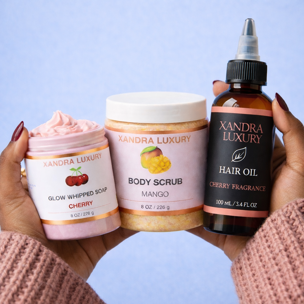 Xandra Luxury Body Care Bundle – Whipped Soap, Sugar Scrub & Hair + Body Oil for Glowing Skin