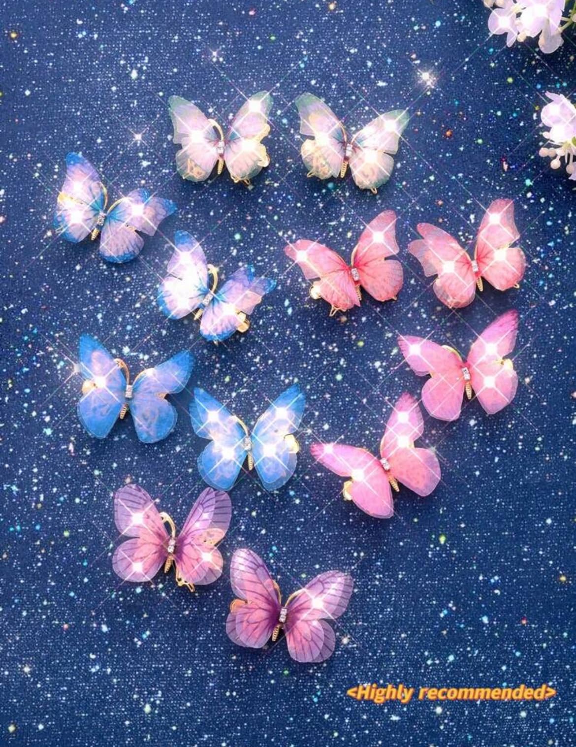 3D Butterfly Hair Clips with Rhinestone Detail, Double Layer Design, 12 Pieces, Pink Blue Purple