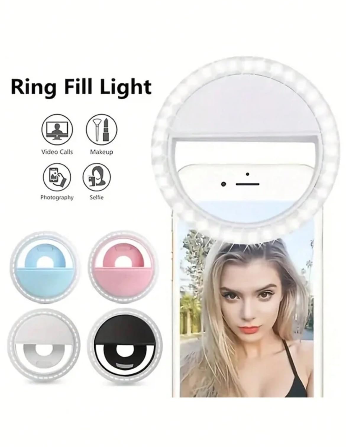 LED Selfie Ring Light for Smartphones, Rechargeable USB Phone Camera Light, White