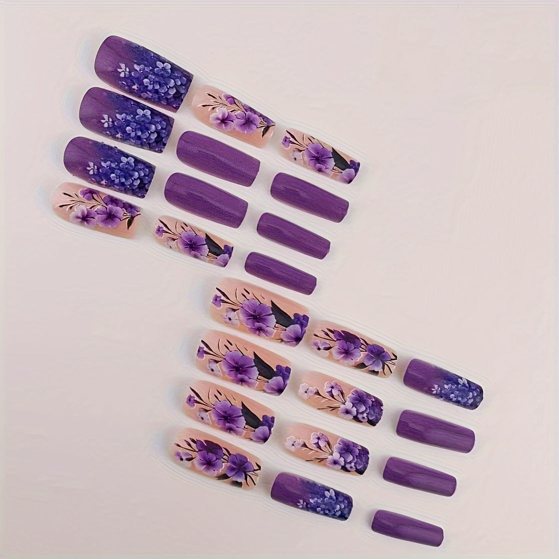 24pcs Square Press-On Nails, Purple Floral & White Floral Design, Medium Length, Glossy