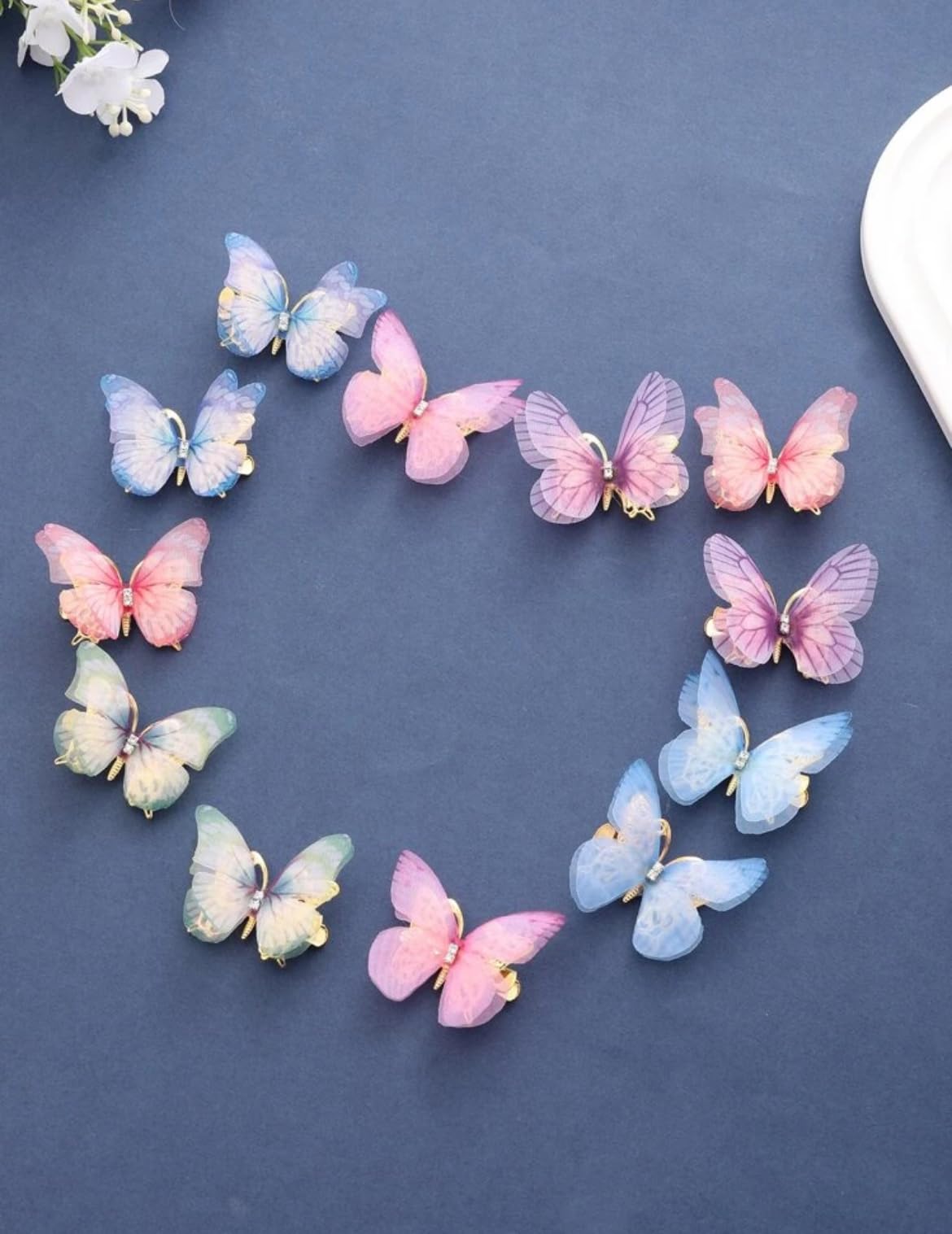 3D Butterfly Hair Clips with Rhinestone Detail, Double Layer Design, 12 Pieces, Pink Blue Purple