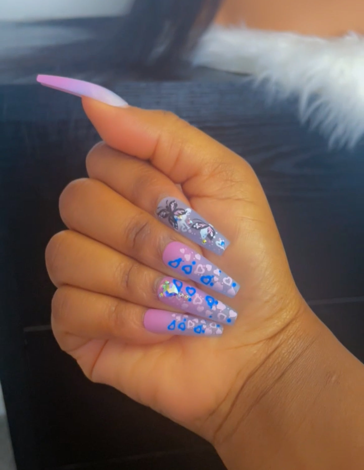 Butterfly Nail Art, 24pcs Pink & Purple Ombre, Rhinestone Accent Fake Nail Press On Nails Manicure Kit