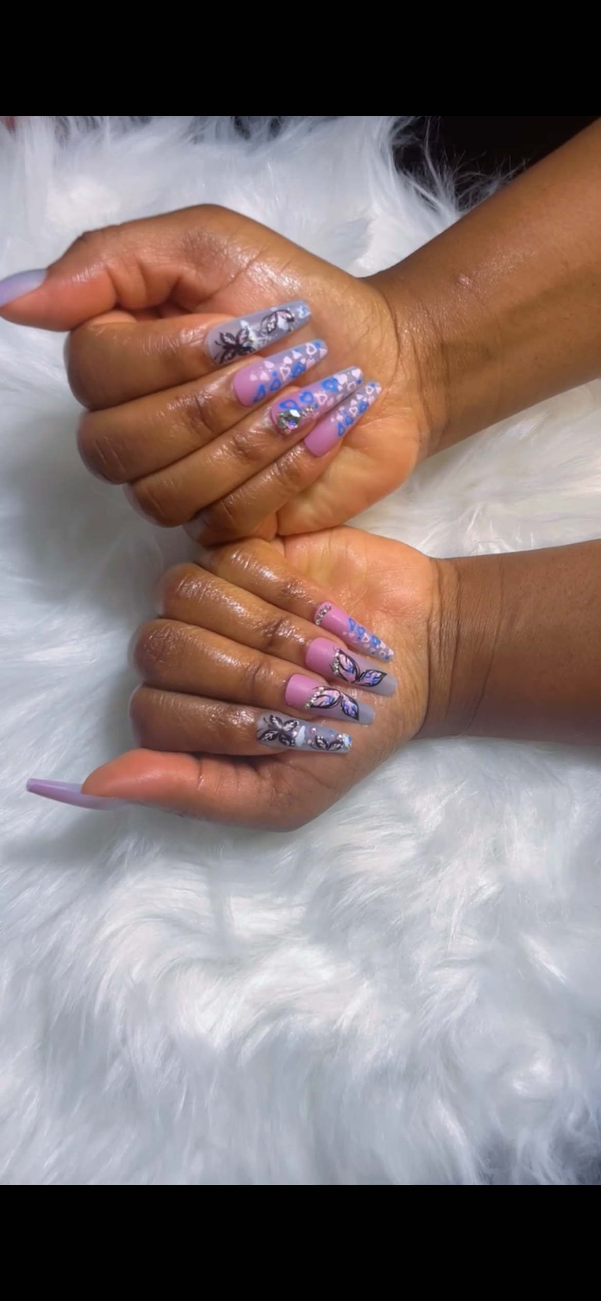Butterfly Nail Art, 24pcs Pink & Purple Ombre, Rhinestone Accent Fake Nail Press On Nails Manicure Kit