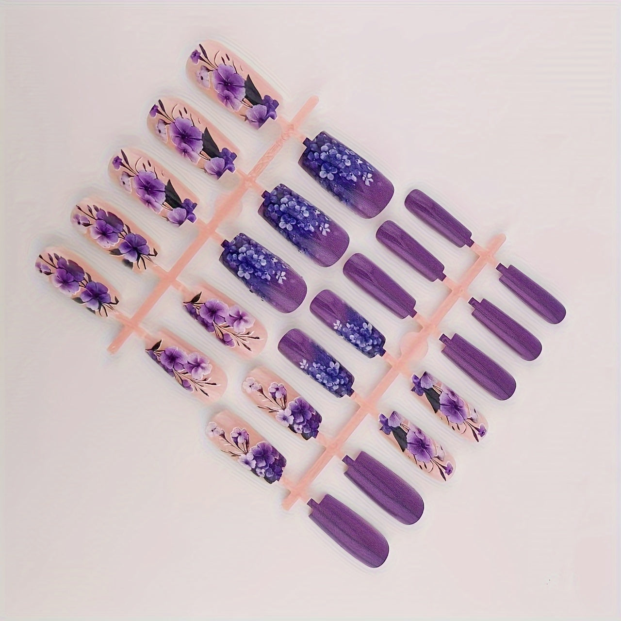 24pcs Square Press-On Nails, Purple Floral & White Floral Design, Medium Length, Glossy
