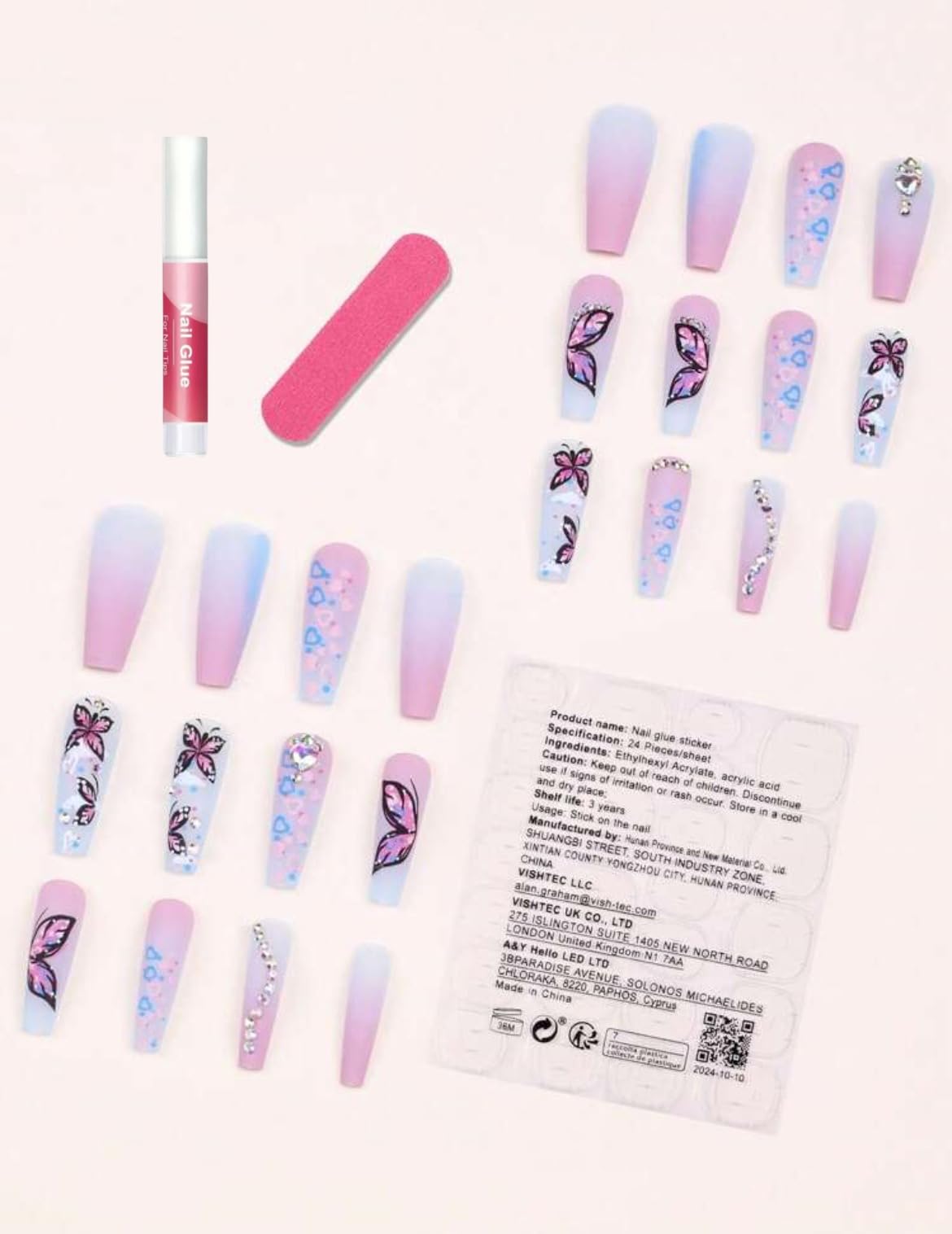 Butterfly Nail Art, 24pcs Pink & Purple Ombre, Rhinestone Accent Fake Nail Press On Nails Manicure Kit