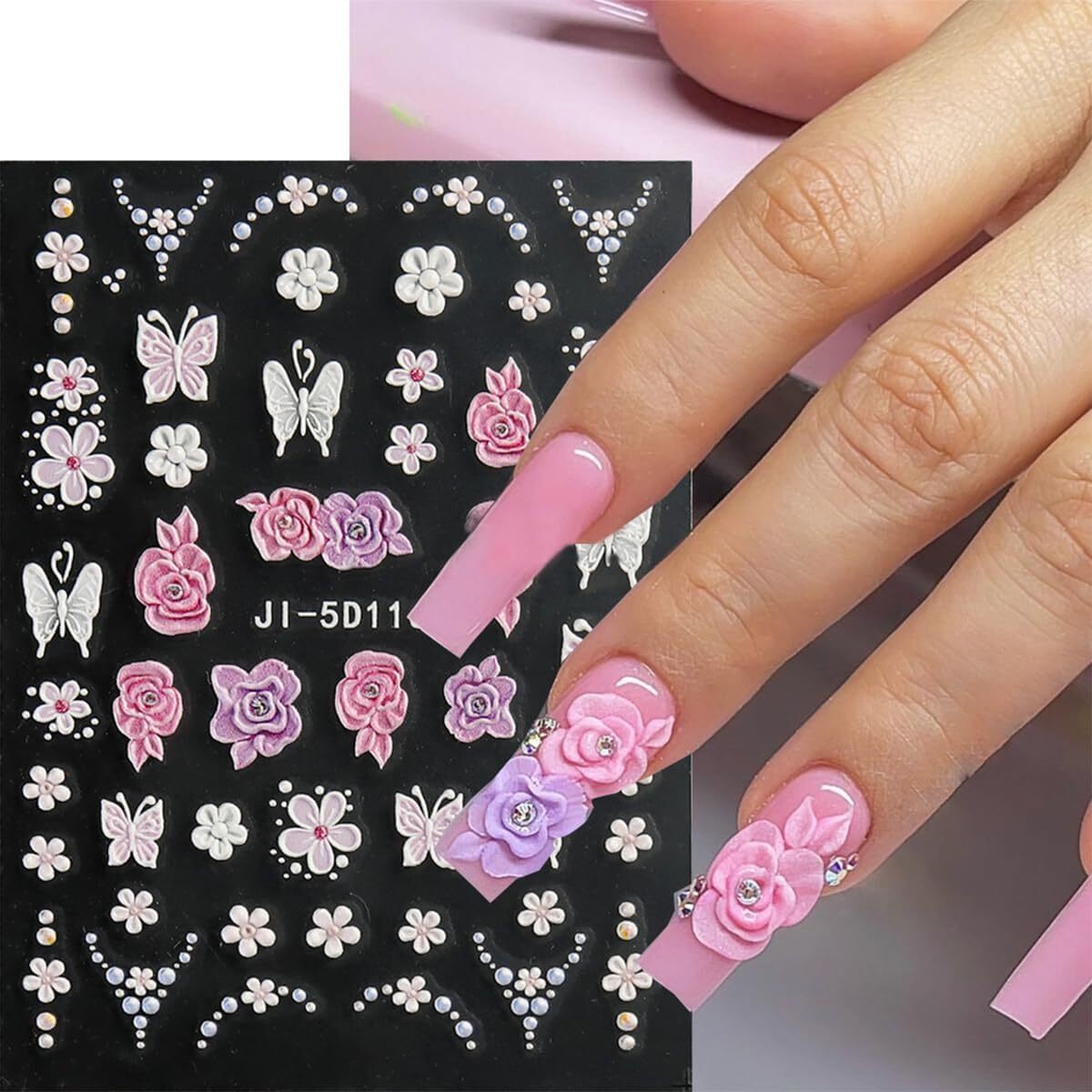 3 Sheets of Vibrant 5D Embossed Floral Nail Art Stickers