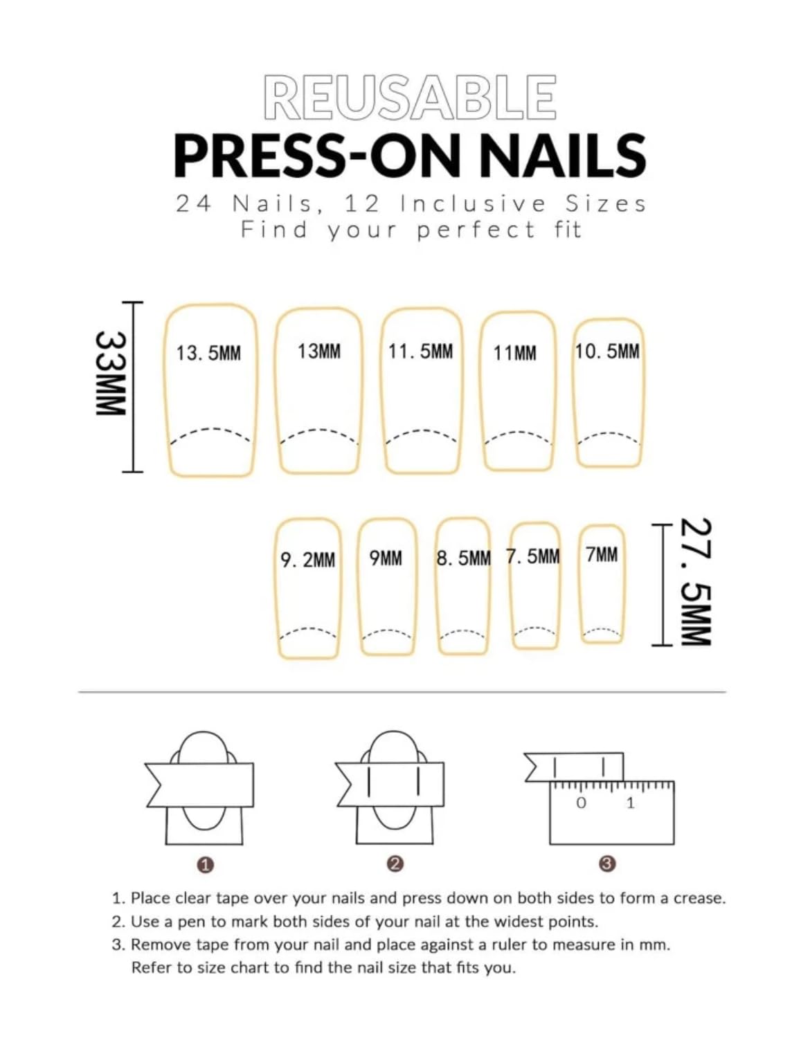 Press On Nails Set, 24 Pieces Coffin Shape, Long Length, Glossy Finish with Adhesive Tape