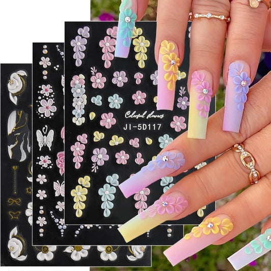 3 Sheets of Vibrant 5D Embossed Floral Nail Art Stickers