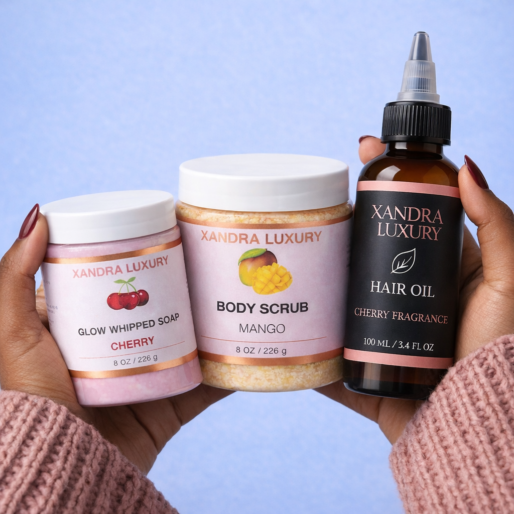 Xandra Luxury Body Care Bundle – Whipped Soap, Sugar Scrub & Hair + Body Oil for Glowing Skin
