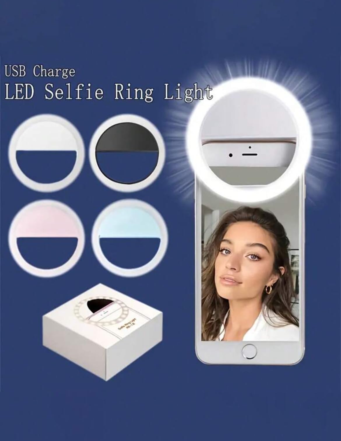 LED Selfie Ring Light for Smartphones, Rechargeable USB Phone Camera Light, White