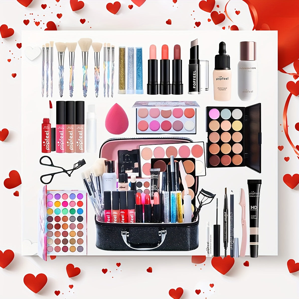 LUXURY BEAUTY GIFT SET - High Quality Full Range of Cosmetics - Comes with Matching Makeup Tools And Black Travel Bag - Contains Face, Eye, Lip And Hand Treatments