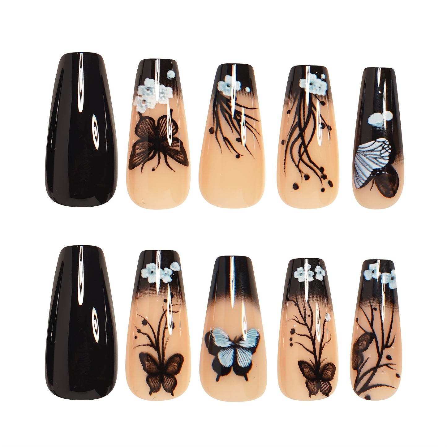 24pcs Medium Ballet Nails Classic Retro Black Gradient Trees Flowers Butterflies Glossy French False Nails Fashionable Wear Removable Press-on N