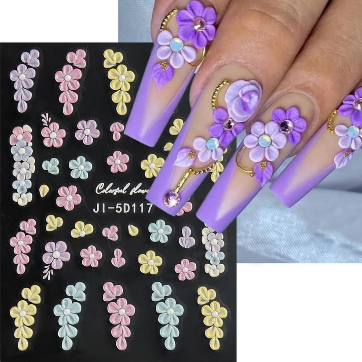 3 Sheets of Vibrant 5D Embossed Floral Nail Art Stickers