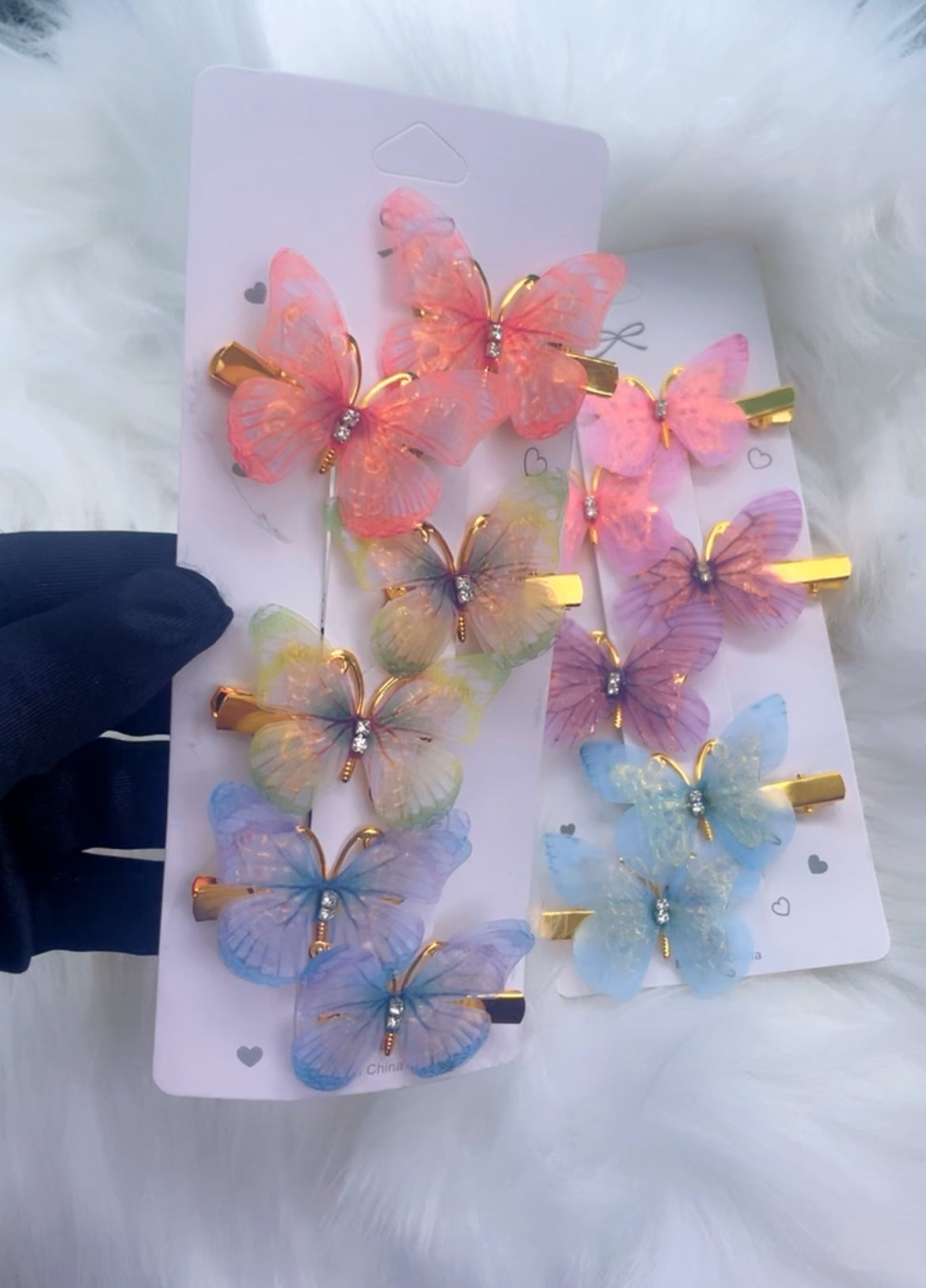 3D Butterfly Hair Clips with Rhinestone Detail, Double Layer Design, 12 Pieces, Pink Blue Purple