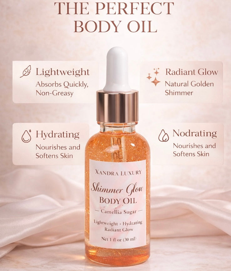 Shimmer Glow Body Oil – Camellia Sugar | Lightweight Golden Body Glow