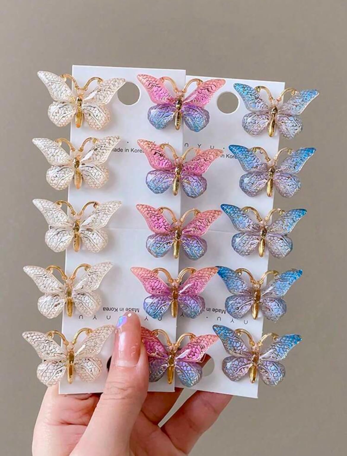 Butterfly Hair Clips for Girls, 15 Pieces, Metallic Ombre Colors, 3D Design