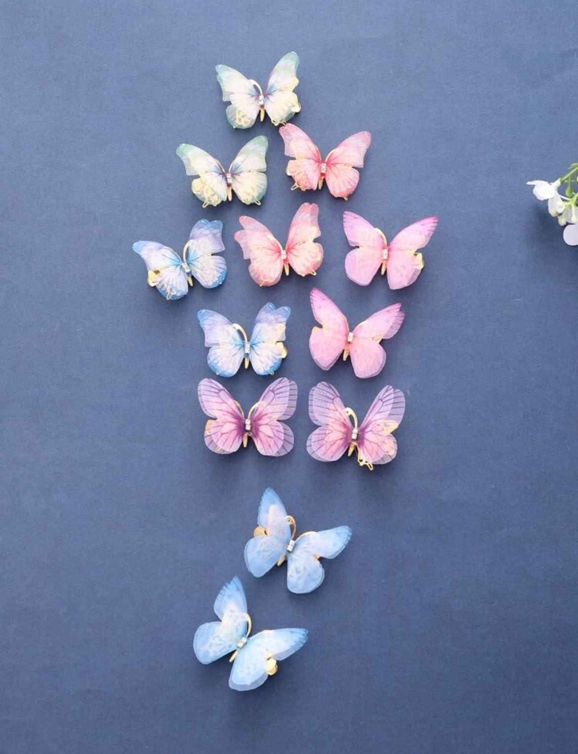 3D Butterfly Hair Clips with Rhinestone Detail, Double Layer Design, 12 Pieces, Pink Blue Purple