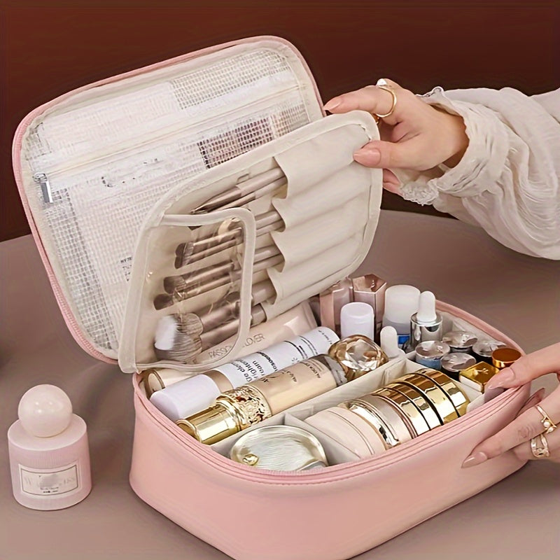 Multi-Layer Large Capacity Detachable Cosmetic Bag, Faux Leather Travel Makeup