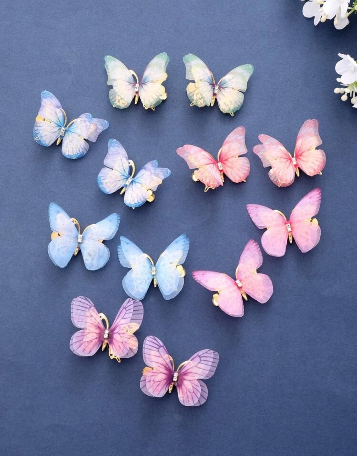 3D Butterfly Hair Clips with Rhinestone Detail, Double Layer Design, 12 Pieces, Pink Blue Purple