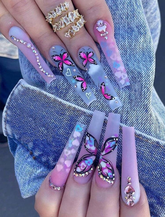 Butterfly Nail Art, 24pcs Pink & Purple Ombre, Rhinestone Accent Fake Nail Press On Nails Manicure Kit