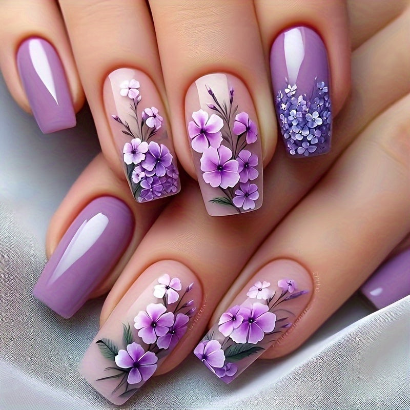 24pcs Square Press-On Nails, Purple Floral & White Floral Design, Medium Length, Glossy