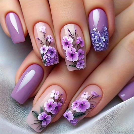24pcs Square Press-On Nails, Purple Floral & White Floral Design, Medium Length, Glossy