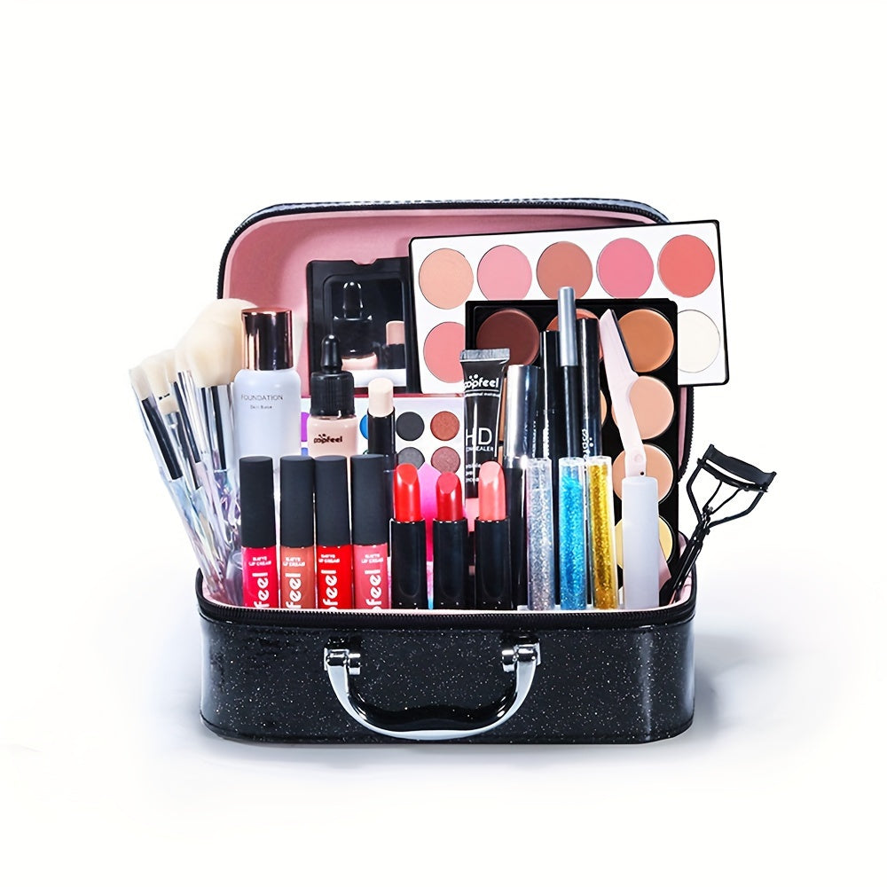 LUXURY BEAUTY GIFT SET - High Quality Full Range of Cosmetics - Comes with Matching Makeup Tools And Black Travel Bag - Contains Face, Eye, Lip And Hand Treatments