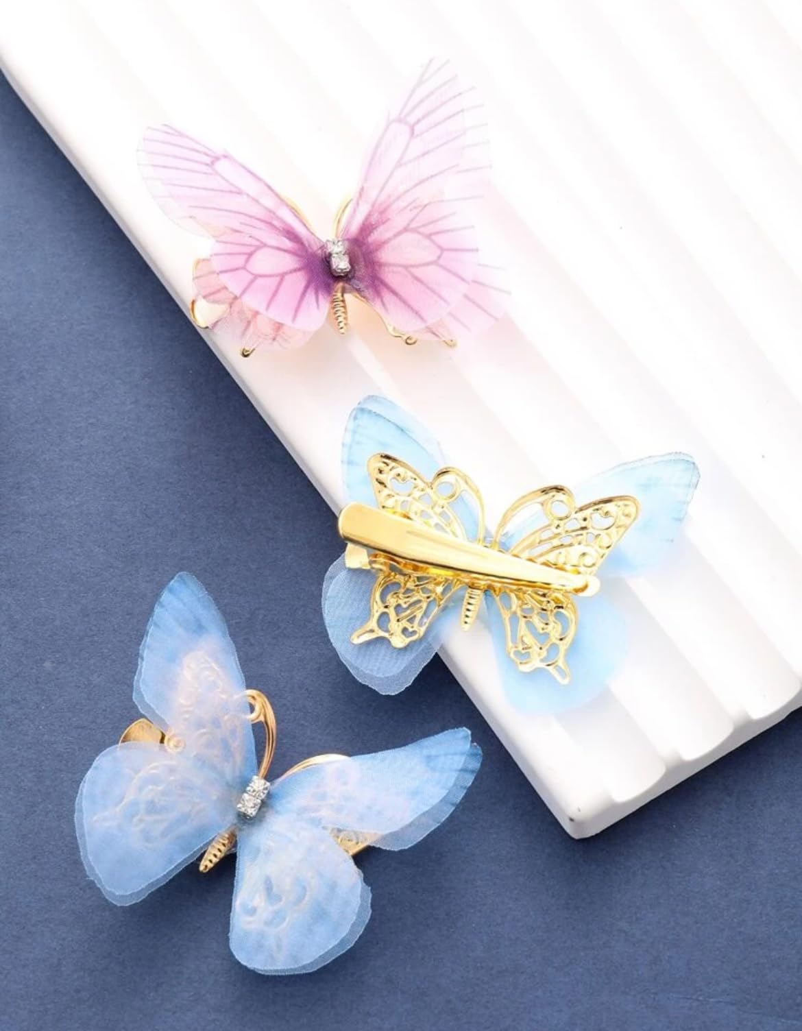 3D Butterfly Hair Clips with Rhinestone Detail, Double Layer Design, 12 Pieces, Pink Blue Purple