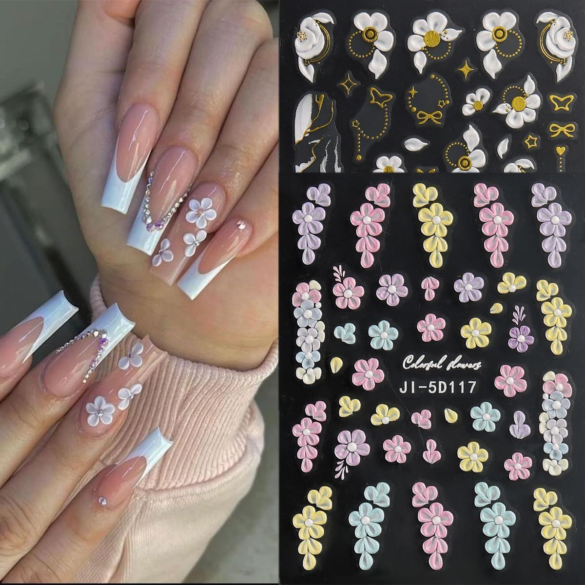 3 Sheets of Vibrant 5D Embossed Floral Nail Art Stickers