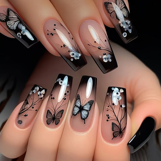 24pcs Medium Ballet Nails Classic Retro Black Gradient Trees Flowers Butterflies Glossy French False Nails Fashionable Wear Removable Press-on N